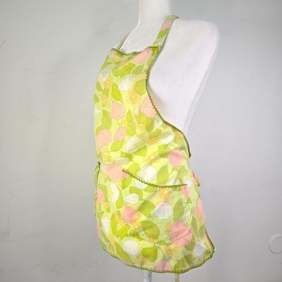 Vintage Handmade Peach Lime Green Novelty Fun Floral 70s 80s Apron - Picture 2 of 5